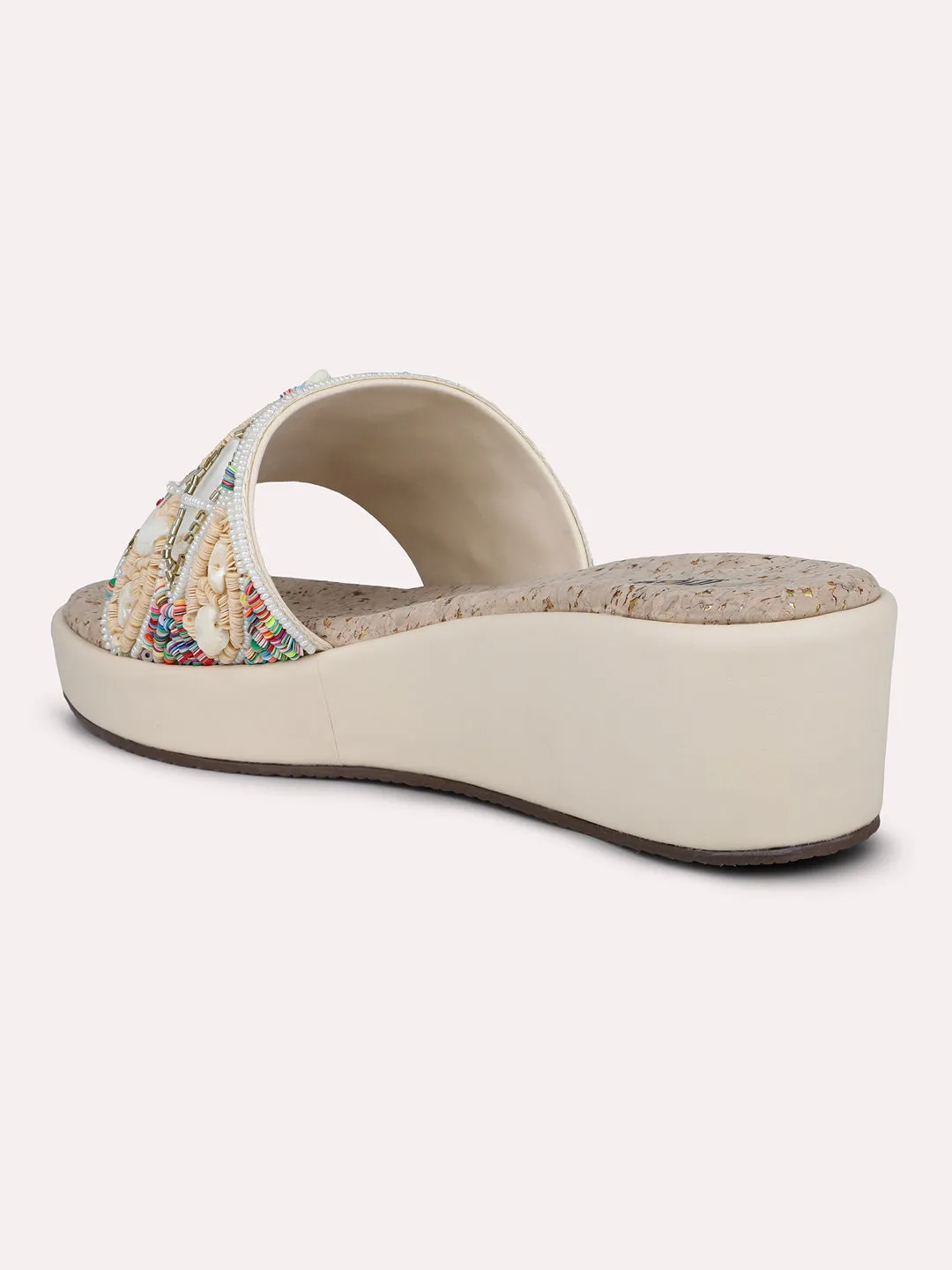 Women Beige Embroidered Open Toe Wedge Heels