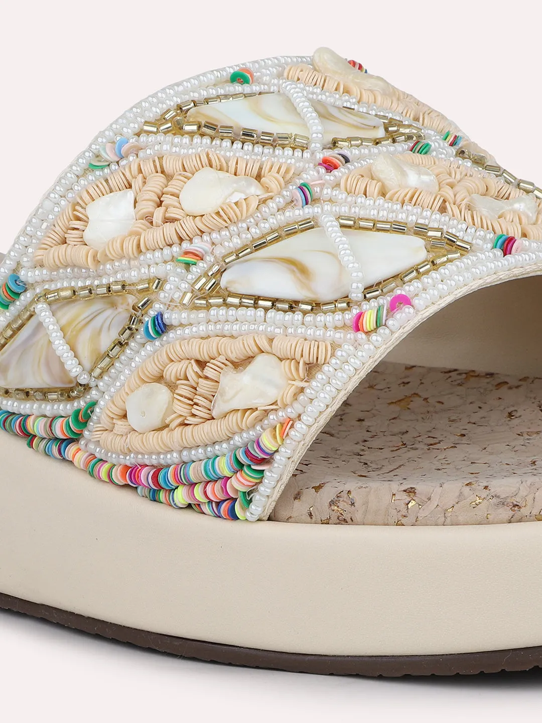 Women Beige Embroidered Open Toe Wedge Heels