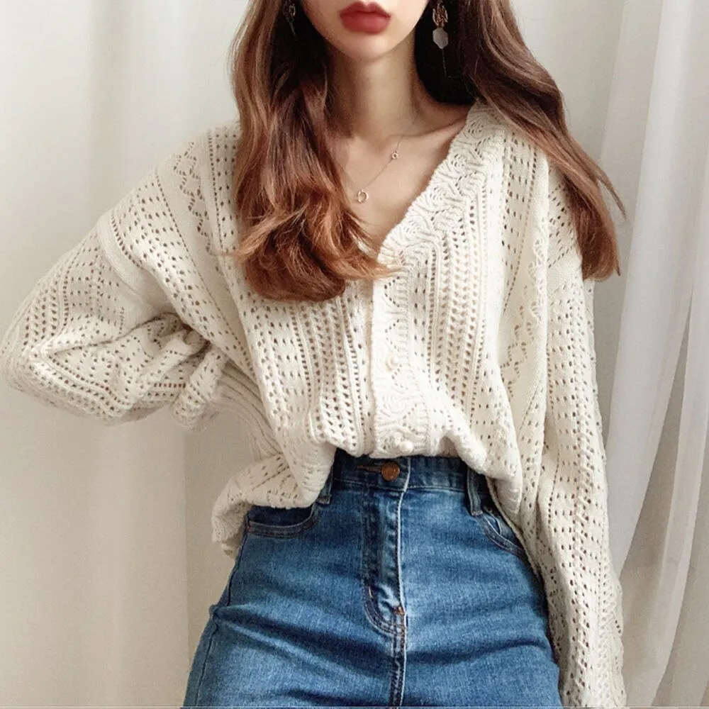 Women Knitted Sweater V-Neck Single-breasted Elegant Tops Femme Hollow out Cardigans Coat Outwear