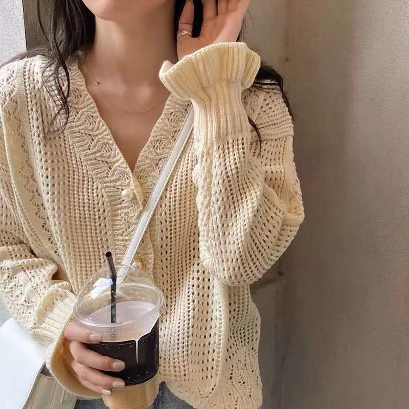 Women Knitted Sweater V-Neck Single-breasted Elegant Tops Femme Hollow out Cardigans Coat Outwear