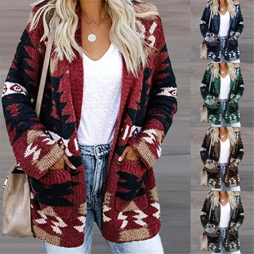 Women's Cardigan Long Sleeve Sweaters & Cardigans Printing Casual Color Block