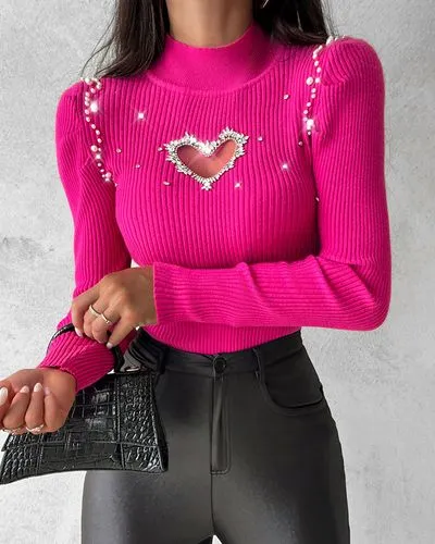 Women's Sweater 3/4 Length Sleeve Sweaters & Cardigans Elegant Heart Shape Solid Color