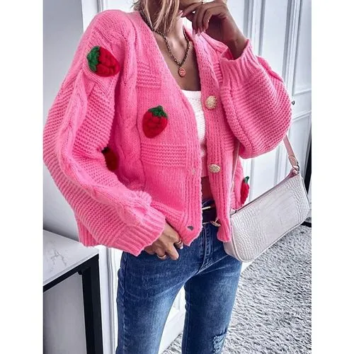 Women's Sweater Long Sleeve Sweaters & Cardigans Button Fashion Strawberry