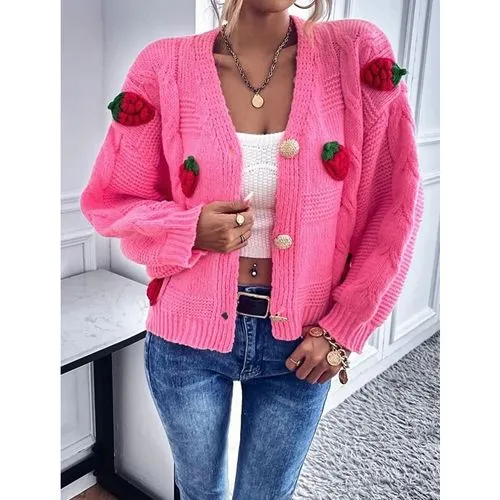 Women's Sweater Long Sleeve Sweaters & Cardigans Button Fashion Strawberry