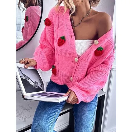 Women's Sweater Long Sleeve Sweaters & Cardigans Button Fashion Strawberry