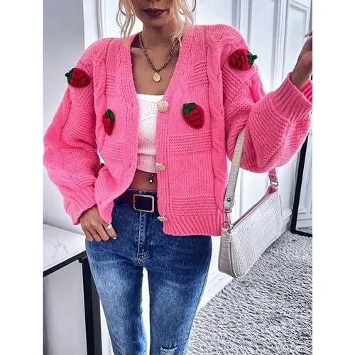 Women's Sweater Long Sleeve Sweaters & Cardigans Button Fashion Strawberry