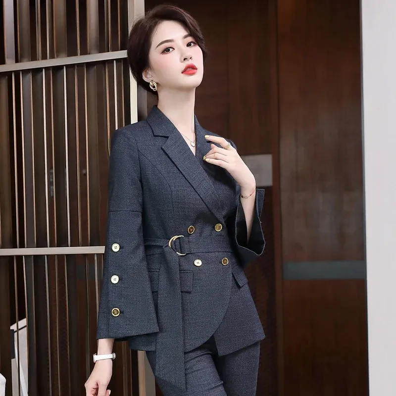 Women's Business Formal Flare Sleeve Blazer Pencil Pants Two Piece Sets